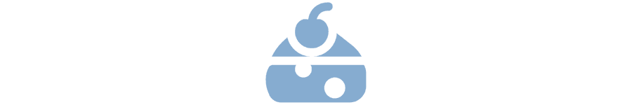 A simple blue graphic depicting a stylized cake with a cherry on top.