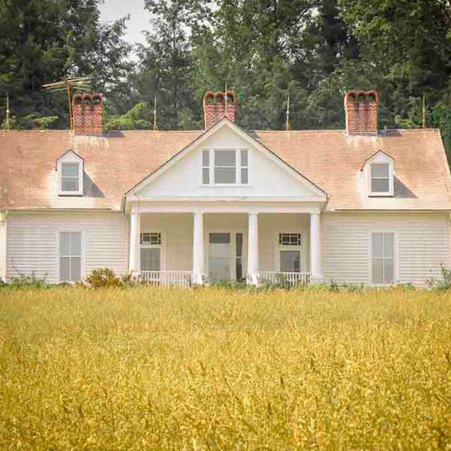 A white two-story house with a front porch, set against a backdrop of tall yellow grass and trees.