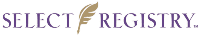 Logo of Select Registry featuring the name in purple with a gold feather design.